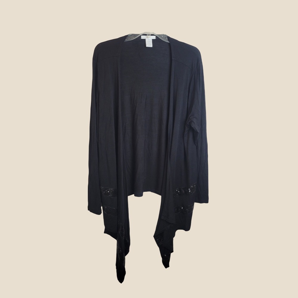 Design History Cardigan Sequin Trim Open Front Drape Wrap Layering Black Plus 2X